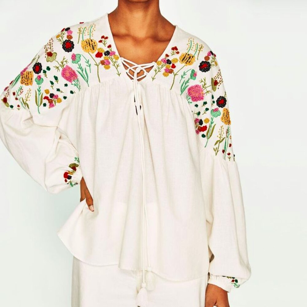 ZARA TRAFALUC cotton multi coloured embroidery puff sleeve blouse